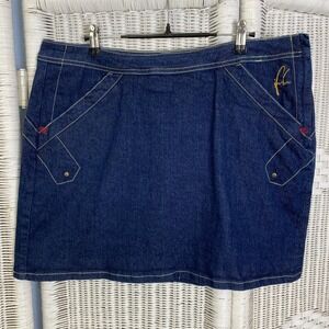 FUBU Y2K Denim Mini Skirt Blue Jean Utility Contrast Stitch Retro Streetwear 16W